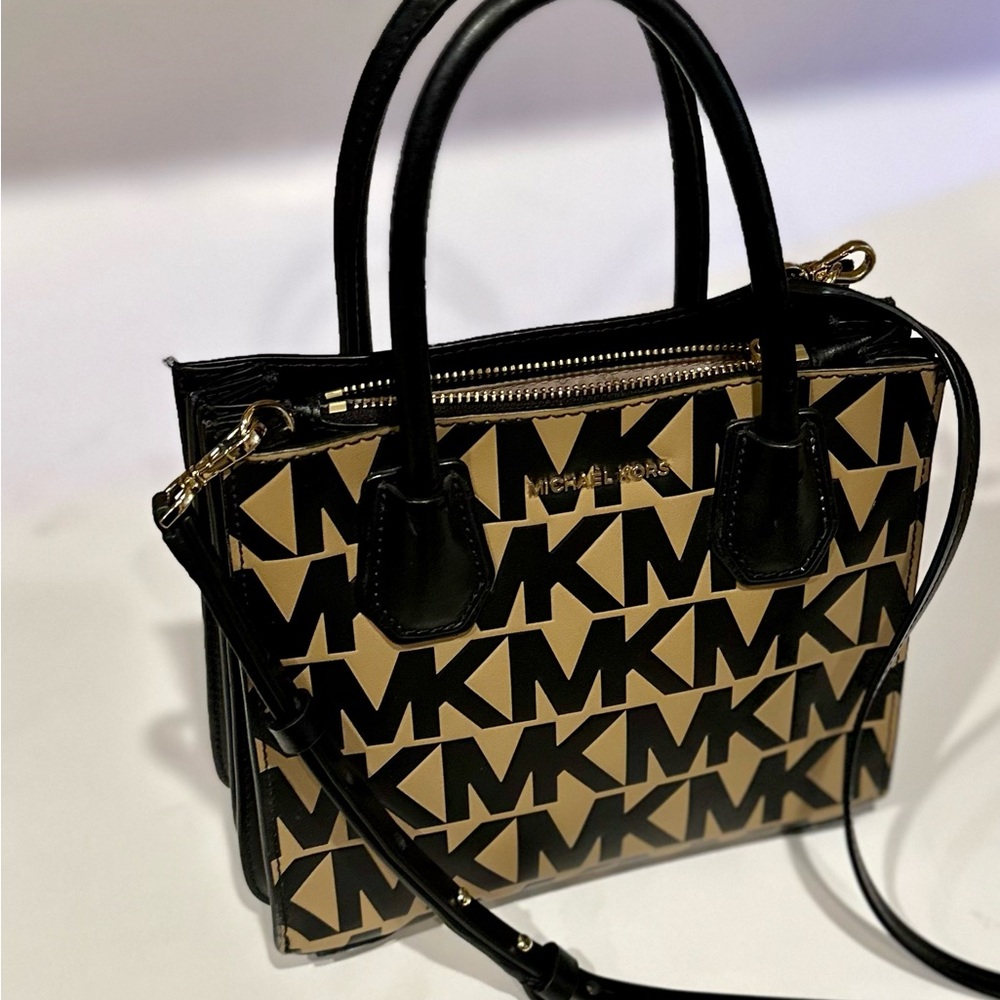 Michael Kors Black and Tan Satchel with Gold Hardware